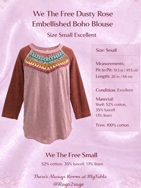 Free People We The Free Dusty Rose Embellished Boho Blouse Size S